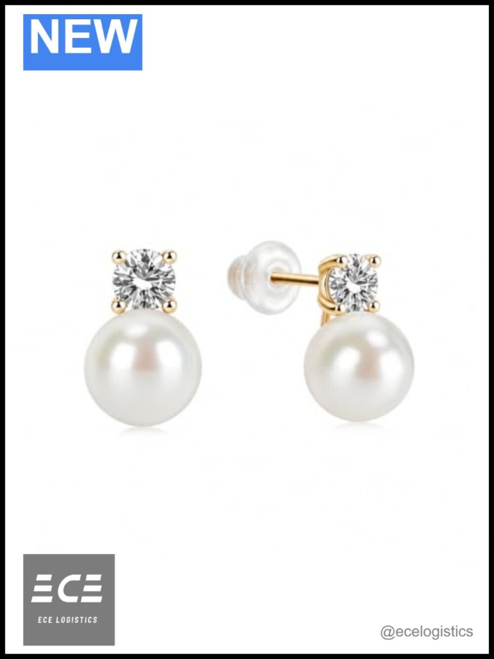 AAAAA+ White Round Pearl Stud Earrings 18K Gold Post